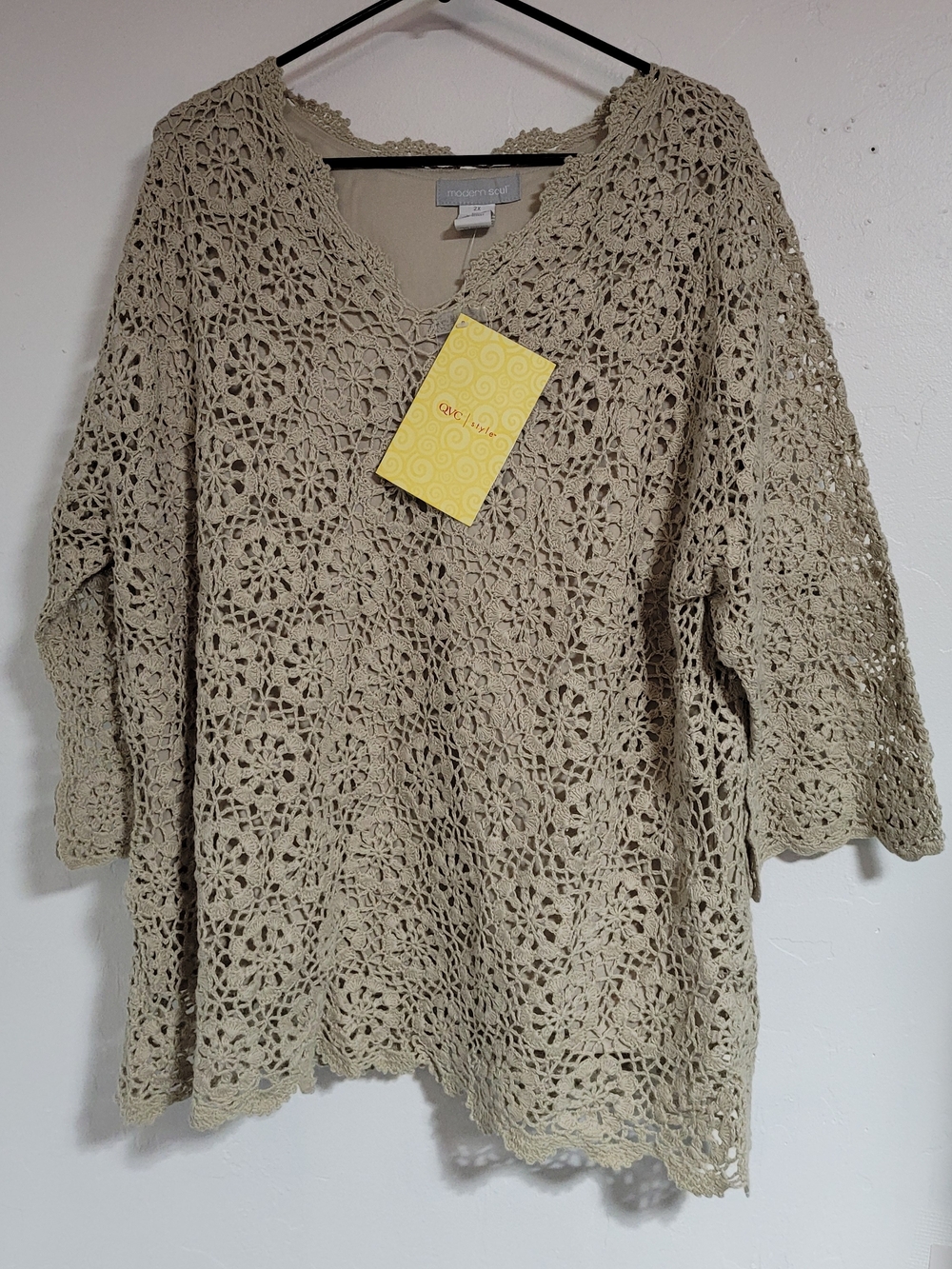 Modern Soul Crochet V-Neck Sweater Top - Beige Taupe